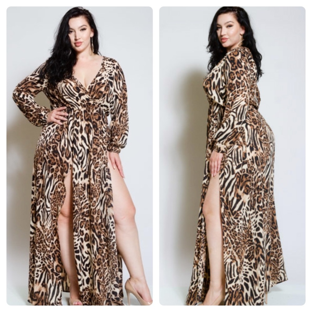 Double Slit  Leopard Printed Chiffon Maxi Dress
